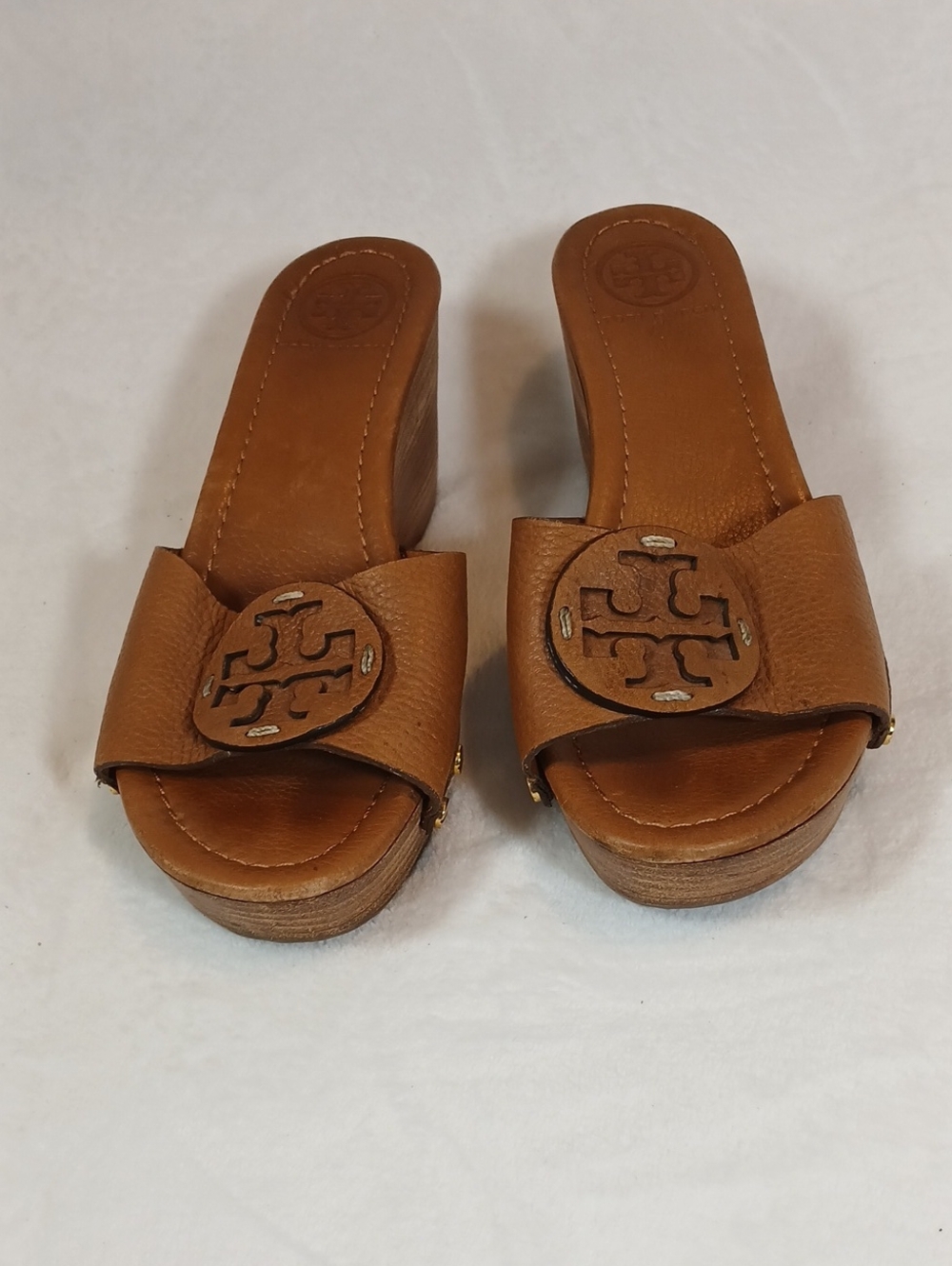 Tory Burch Cognac Leather Logo Slide Mules Sz 7.5